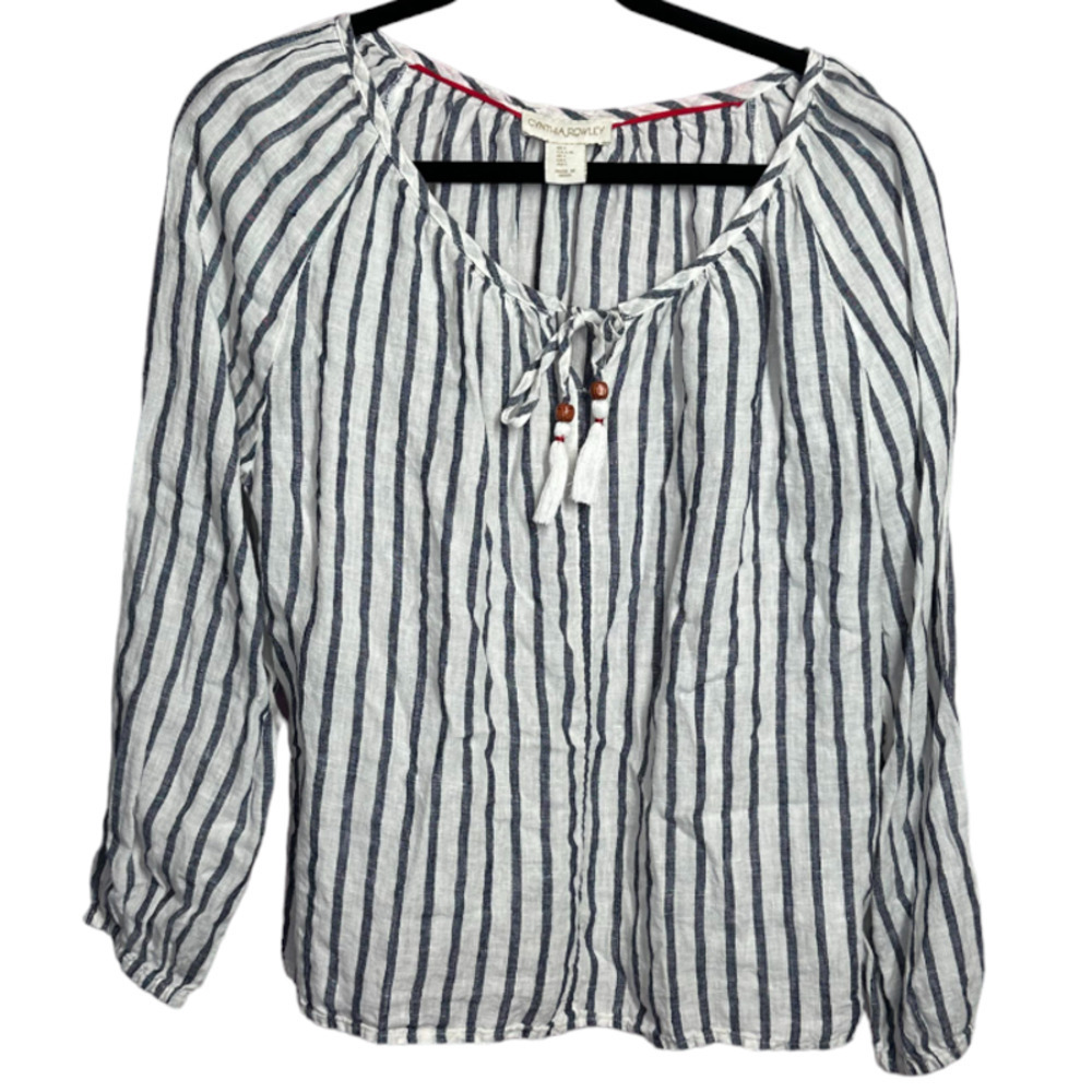 Cynthia Rowley 100% Linen Tie Front Blue White Striped Wood Beads Peasant Top L